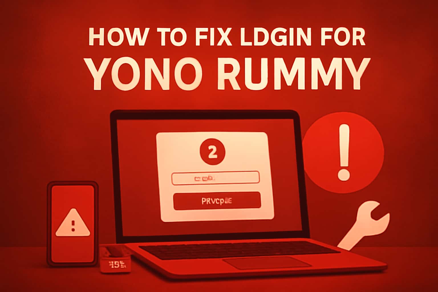 Informational scene illustrating troubleshooting steps for Yono Rummy login issues.