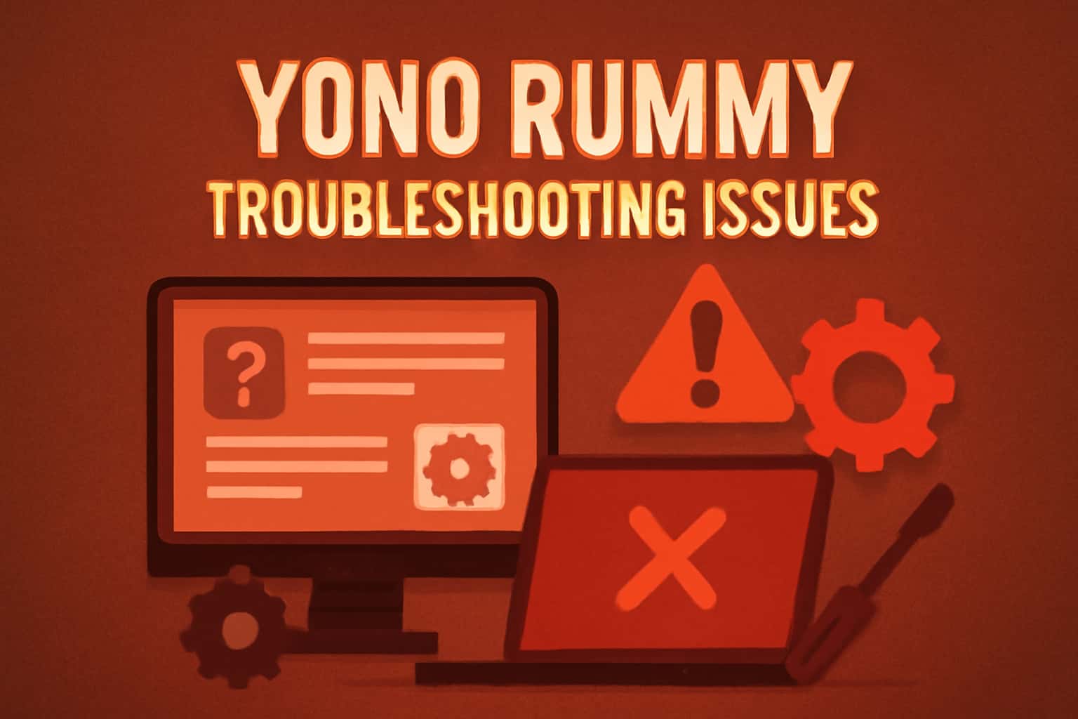 A visual representation of troubleshooting issues related to Yono Rummy, featuring the app's name in a prominent display.