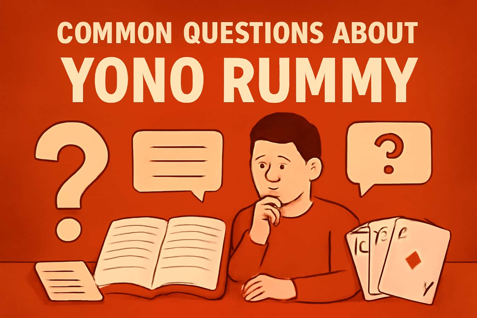 An informational scene displaying common questions related to Yono Rummy.